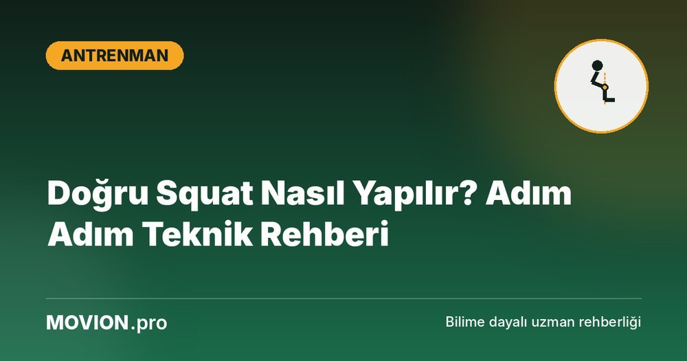 Movion.pro Antrenman kategorisi kapak görseli: doğru squat formunda diz-ayak bileği hizasını gösteren figür ve 'Doğru Squat Nasıl Yapılır? Adım Adım Teknik Rehberi' başlığı