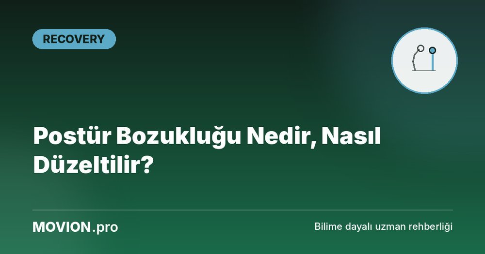Movion.pro Recovery kategorisi kapak görseli: kambur ve dik duruşu karşılaştıran postür ikonu ve 'Postür Bozukluğu Nedir, Nasıl Düzeltilir?' başlığı