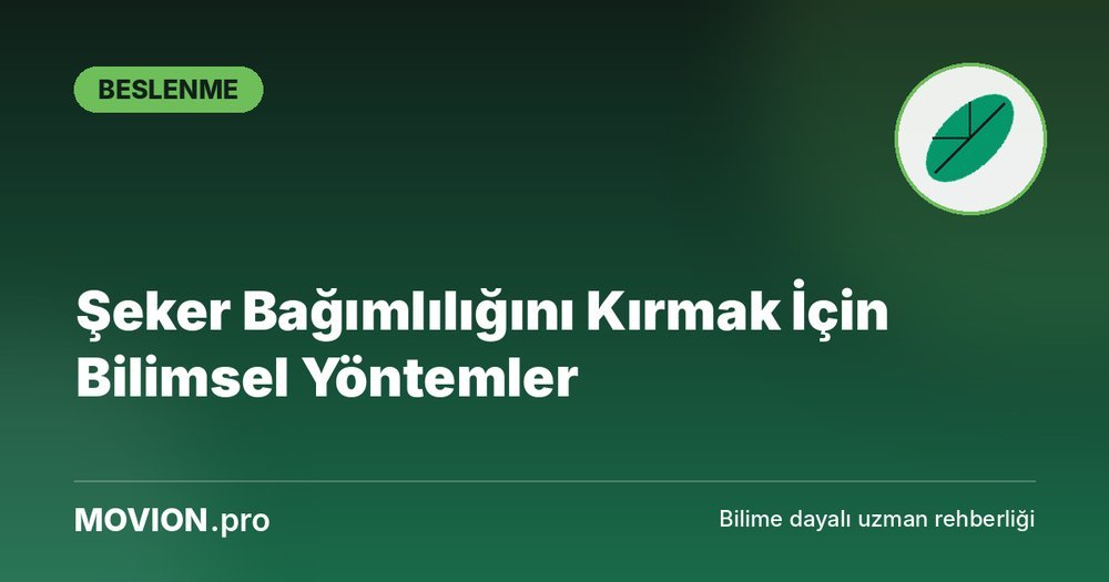 Movion.pro Beslenme kategorisi kapak görseli: yaprak ikonu ve 'Şeker Bağımlılığını Kırmak İçin Bilimsel Yöntemler' başlığı